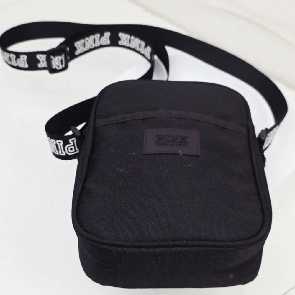 PINK Victoria's Secret Crossbody Bag OS Black Canvas Logo Strap Sporty Festival